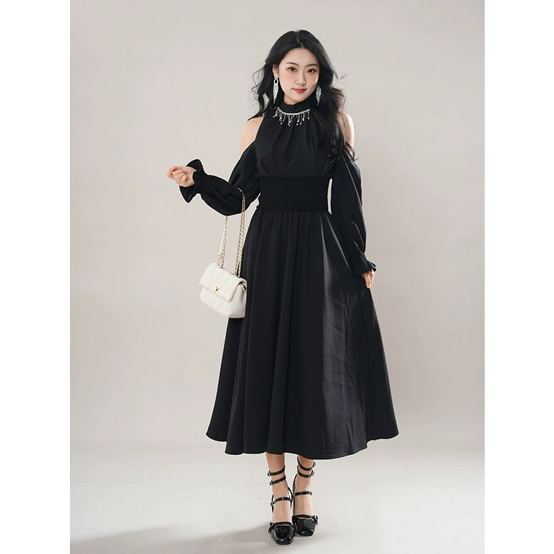 Винтажное платье с открытыми плечами и круглым вырезом в стиле сестры черного цвета с стразами, нежное платье с длинными рукавами, простое и элегантное длинное платье с затягиванием талии.