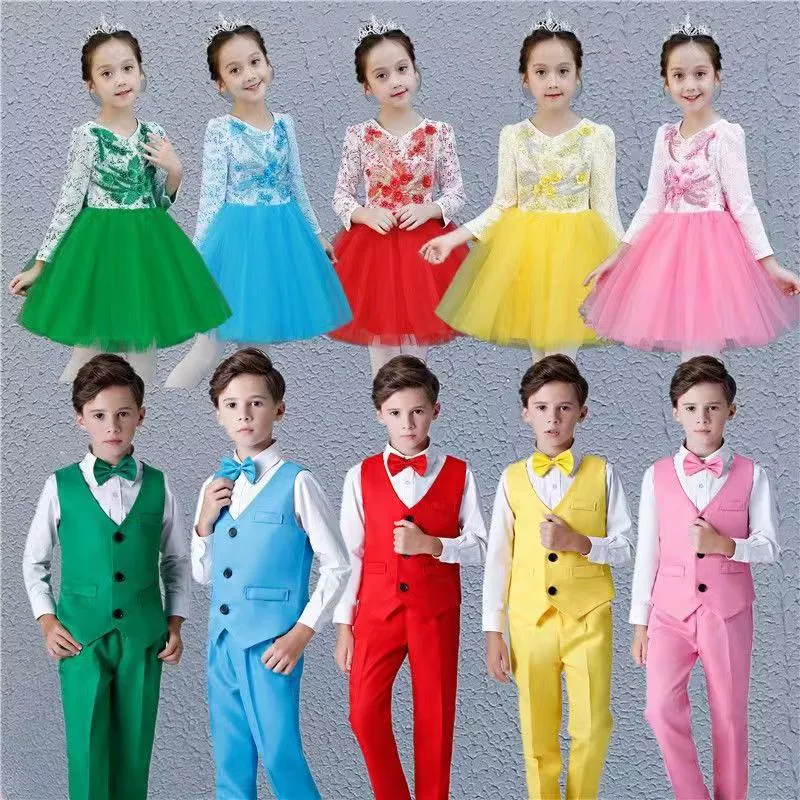 Детский костюм для хора на Новый год Мужское и женское праздничное платье с пайетками Платье принцессы Платье-вуаль Платье для выступлений в китайском стиле