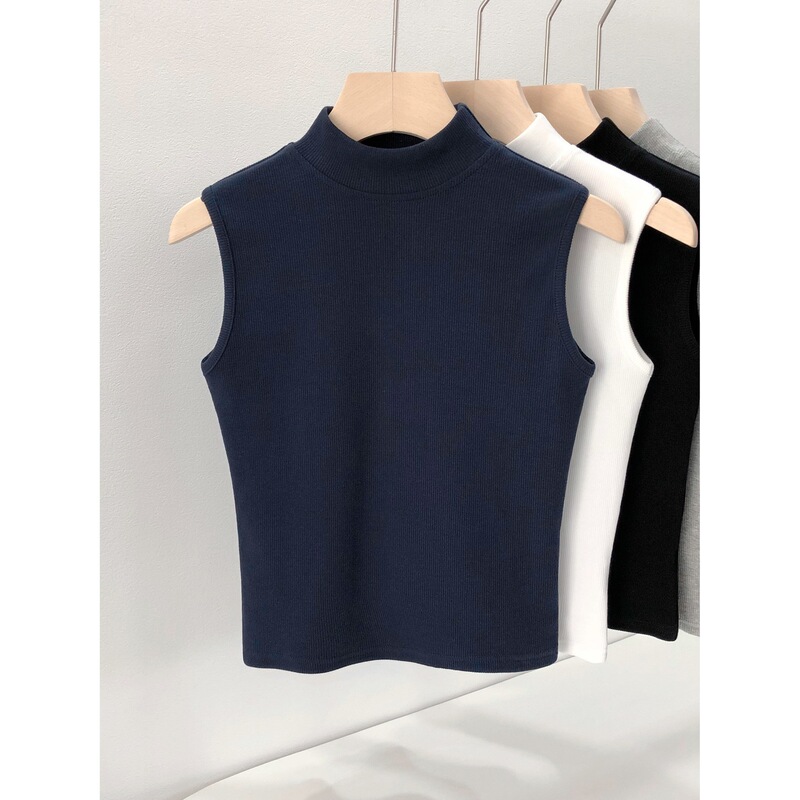Elegant Half-High Collar Sleeveless Vest for Women, Short Style, Early Autumn 2026 Slim Fit Ribbed T-Shirt Top, Pure Cotton for Layering or Outerwear