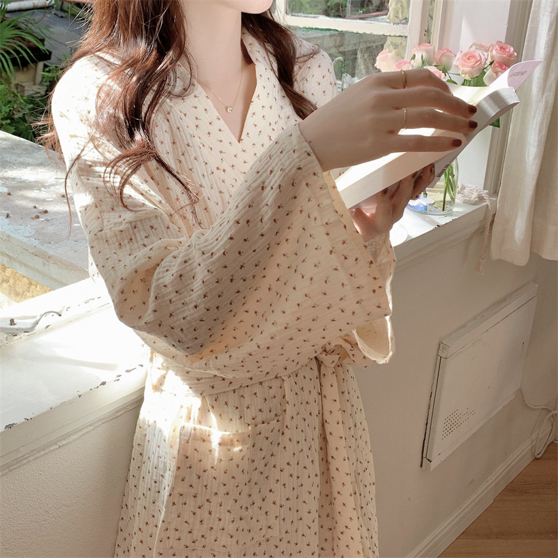 Korean chic Women's Spring and Autumn New Korean Style Nightgown Women's Floral Bathrobe Long Kimono Loose Pajamas Home Clothes
