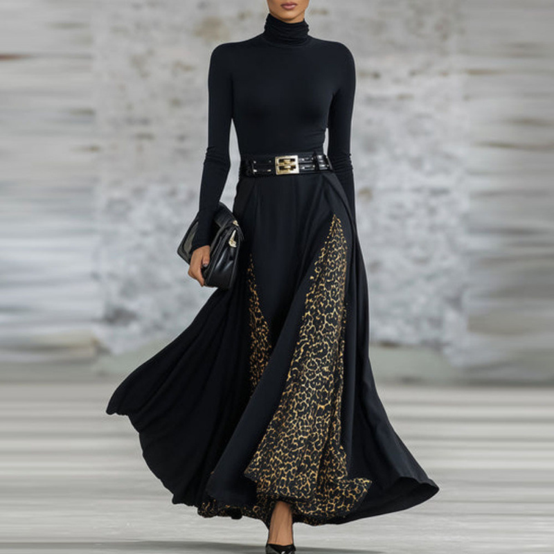 Black Leopard-Print Patchwork Street-Style Dress With Long Sleeves For Fashionistas_ecoleips.com