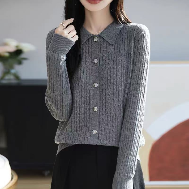 Primavera y otoño Polo cuello de punto de cashmere de color sólido Cardigan de mujer estilo coreano suéter de estilo universal abrigo suelto de torsión con manga larga