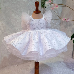 白色公主裙2024夏季亮片蝴蝶結蓬蓬紗裙兒童生日宴會羽毛袖晚禮服