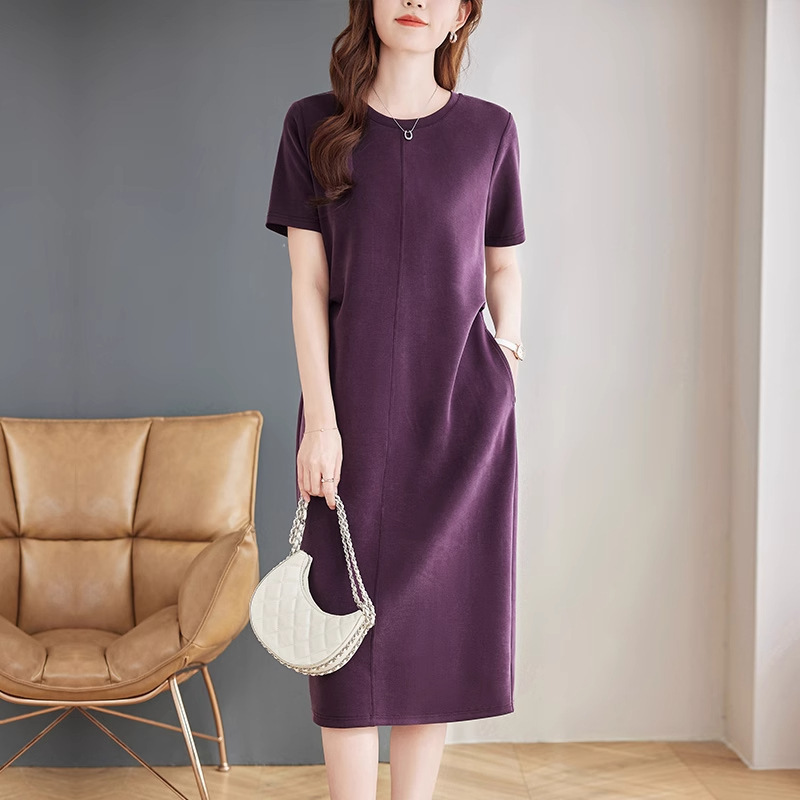Purple Short-Sleeved Dress Summer New Plus Size Women's Fashionable Fat Loose Slimming Straight Mid-Length Skirt