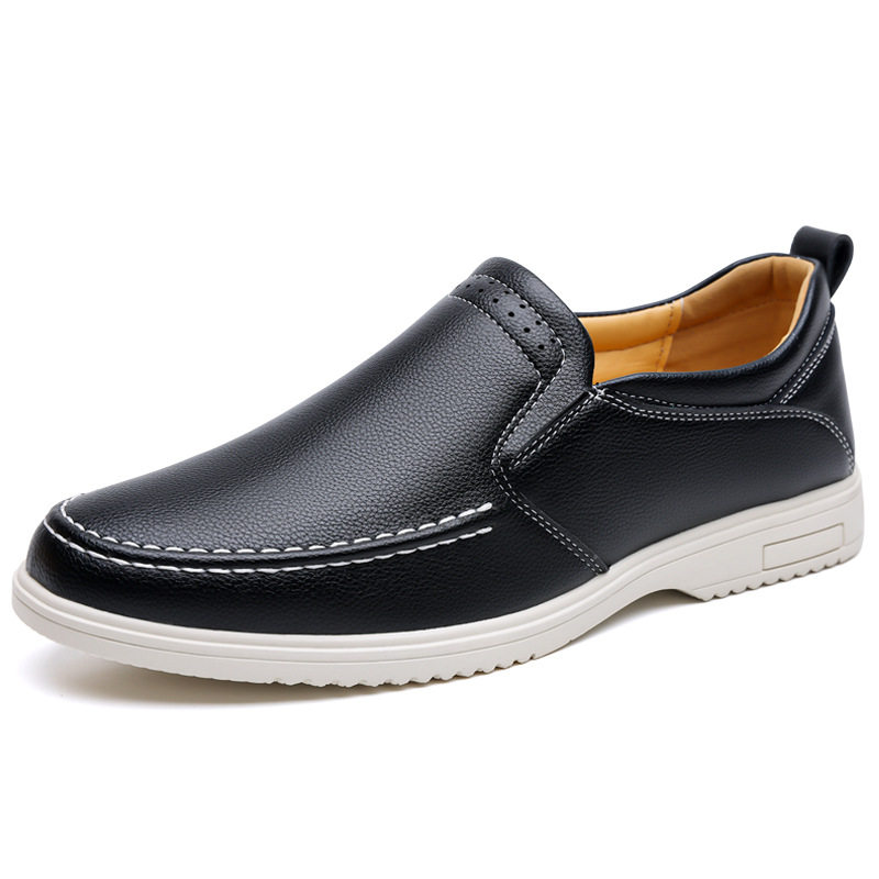 Giày lười nam cỡ lớn may thủ công, giày da casual xỏ chân, đế bằng, mũi dẹt — Màu xanh dương, màu đen