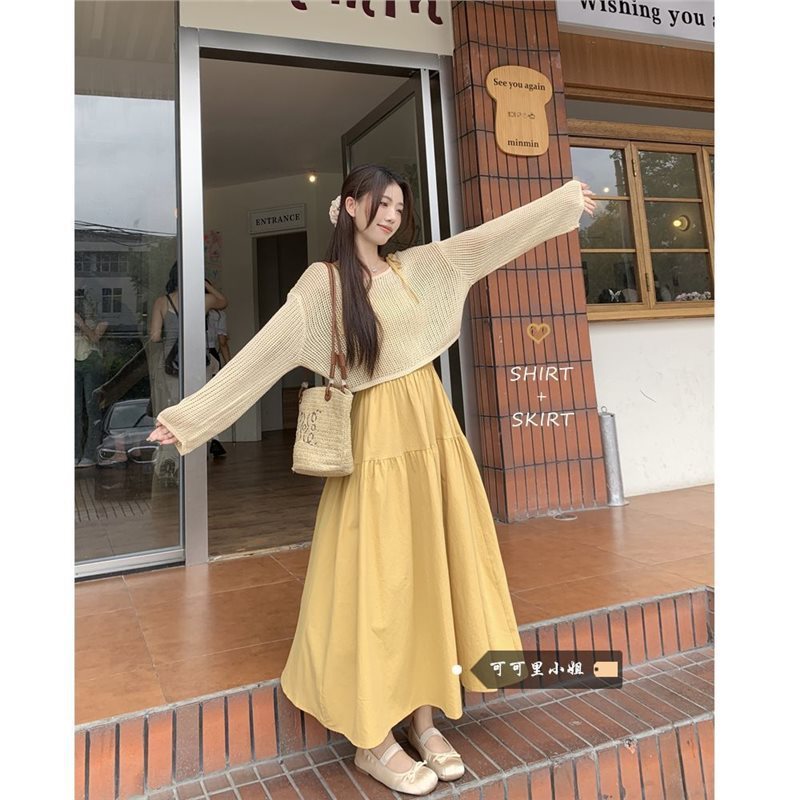 温柔风套装女夏季韩系镂空防晒罩衫叠穿黄色吊带连衣裙时尚两件套|undefined