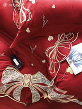 JW新婚雅婚庆四件套全棉 100支提花蝴蝶结红色被套结婚床上用品