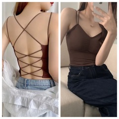 Ice silk beautiful back cross backless camisole for women in summer can be worn outside and inside for hot girls, sexy mid-length style with thin chest covering