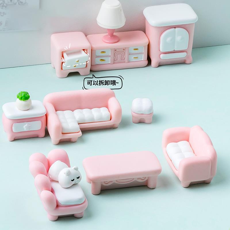 Creative Miniature Living Room Pink Furniture Bed Sofa Table Wardrobe Small Ornaments Baby House Handmade DIY Decoration Accessories