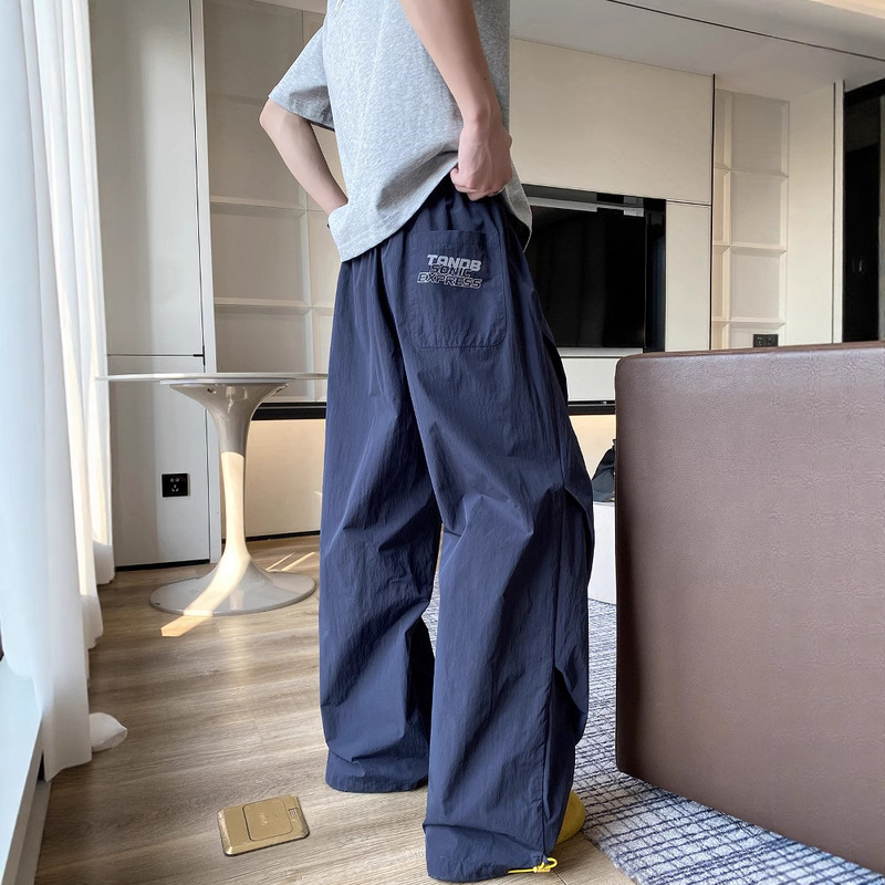 Vintage American-Style Wide-Leg Casual Pants for Men, Trendy Navy Blue High-End Cargo Pants with Outdoor Pleated Design, Paratrooper Pants