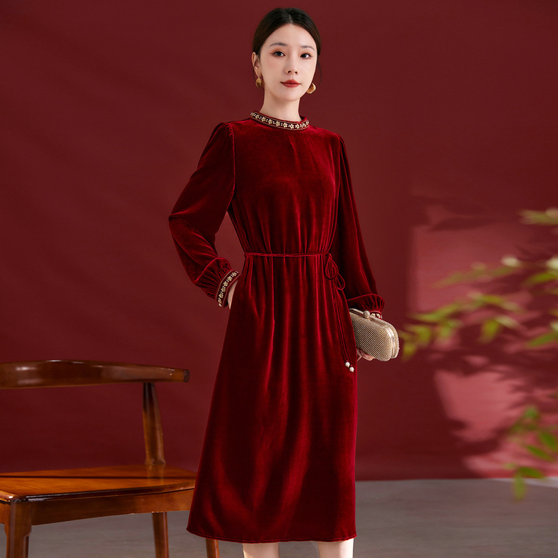 Festive Silk Velvet Dress Round Neck Design Daily Elegant Pure Color Wear Mid-Length Skirt for Women 1983