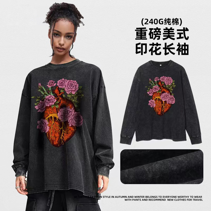 Camiseta de manga larga impresa de marca de alta calle oscura, camiseta para hombres, camiseta de base de pareja suelta de tamaño grande