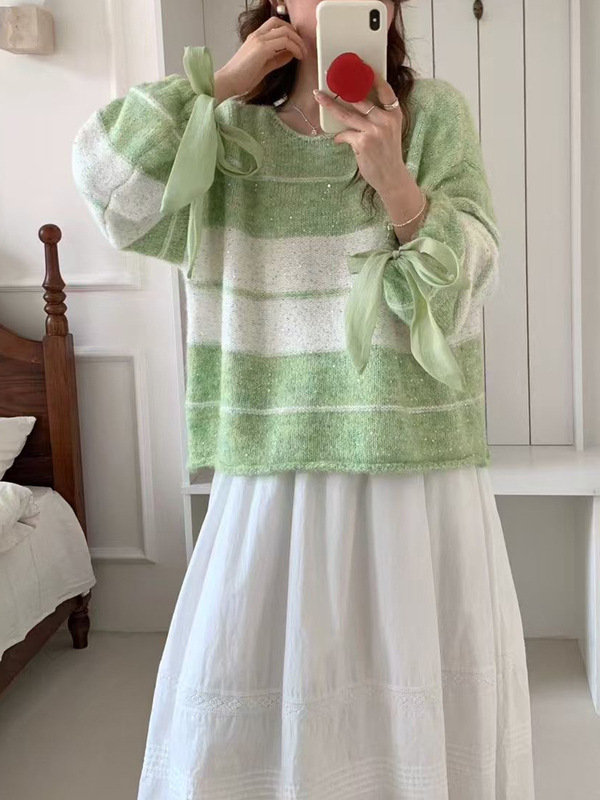 蝴蝶结亮片系带条纹套头毛衣女2025秋冬新款宽松设计感甜美针织衫|undefined