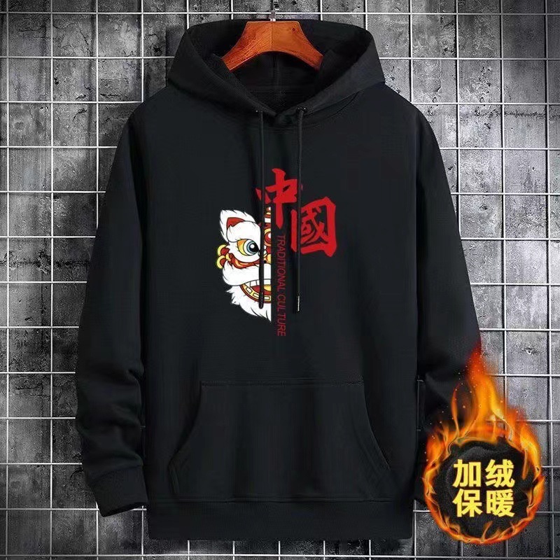 厂家批发秋冬季男士连帽卫衣加绒加厚宽松潮流百搭上衣学生情侣衫