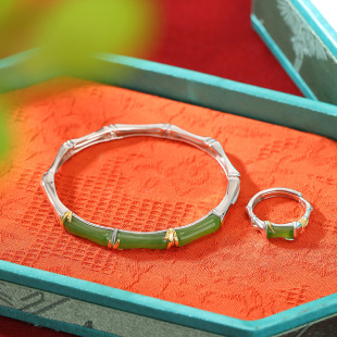 Yuebao Jewelry S925 sterling silver gold-plated Hetian jade jasper new Chinese style bamboo leaf bracelet ring bracelet ring