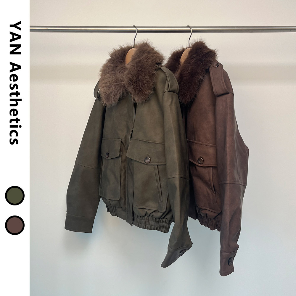 巴恩风女反绒皮可拆卸毛领夹克新品美式休闲宽松工装外套2025冬季