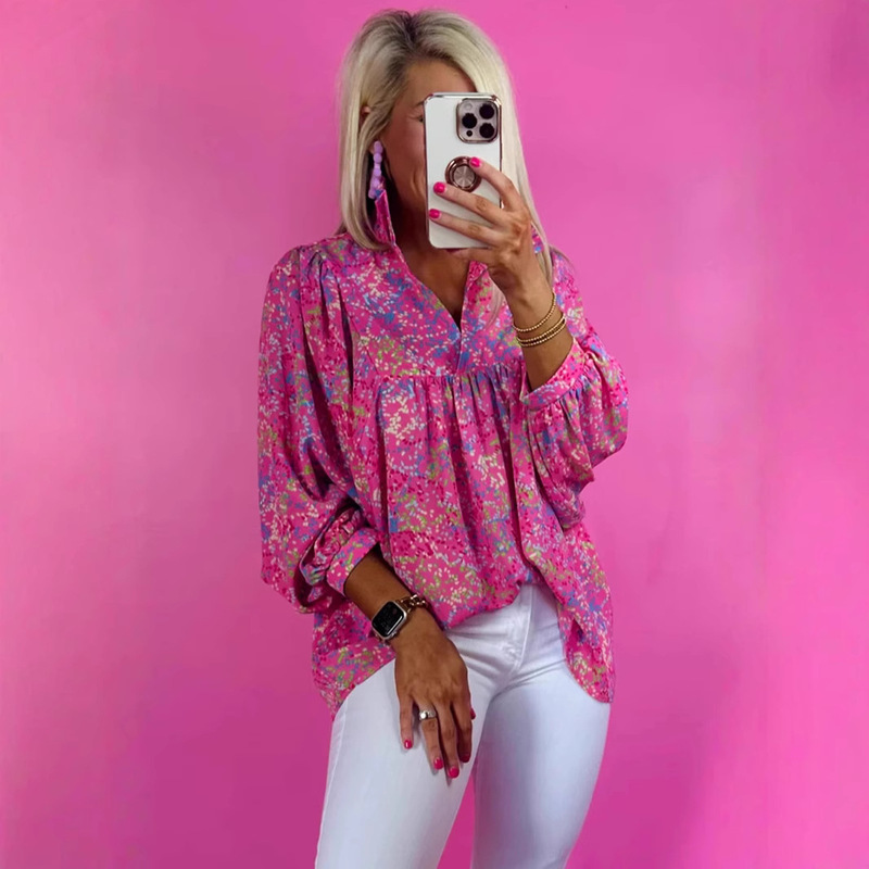 European and American Foreign Trade Women's Clothing Amazon Women's Casual Loose Meat Covering Pullover Top Women's Floral Printed Shirt