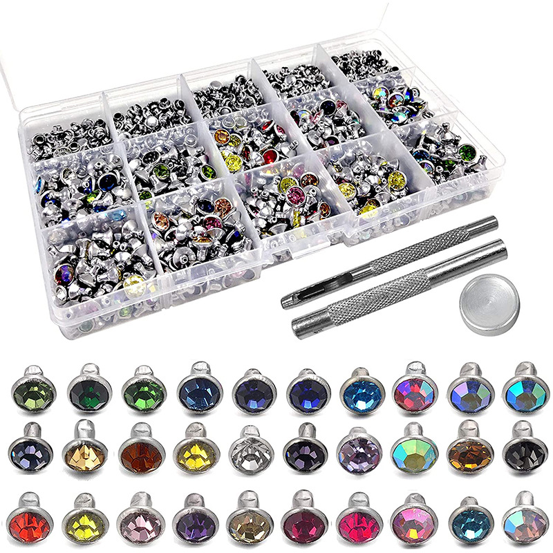 厂家批发 盒装白边镶钻铆钉 管钻8mm 彩色水钻diy包箱配件