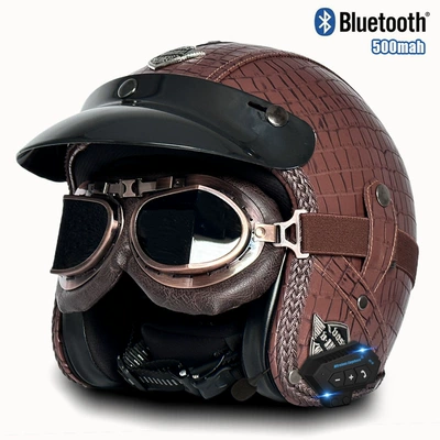 helmet electric car riding 3/4: Motosiklet kaskı (dəbilqə) - v-brown-check-copper-mirror-bluetooth-s