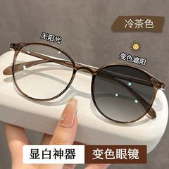 近視用の色が変わる高級メガネ、度付きブルーライト防止茶色メガネ、学生用無地美白フラットメガネ
