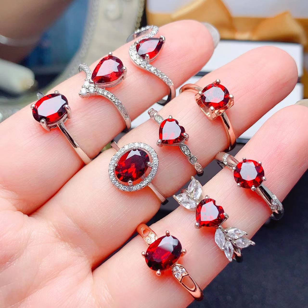 Natural Garnet Ring Full Body 925 Silver Inlaid K-Style Small Fresh Women's Ring Engagement Index Finger Drop Shipping