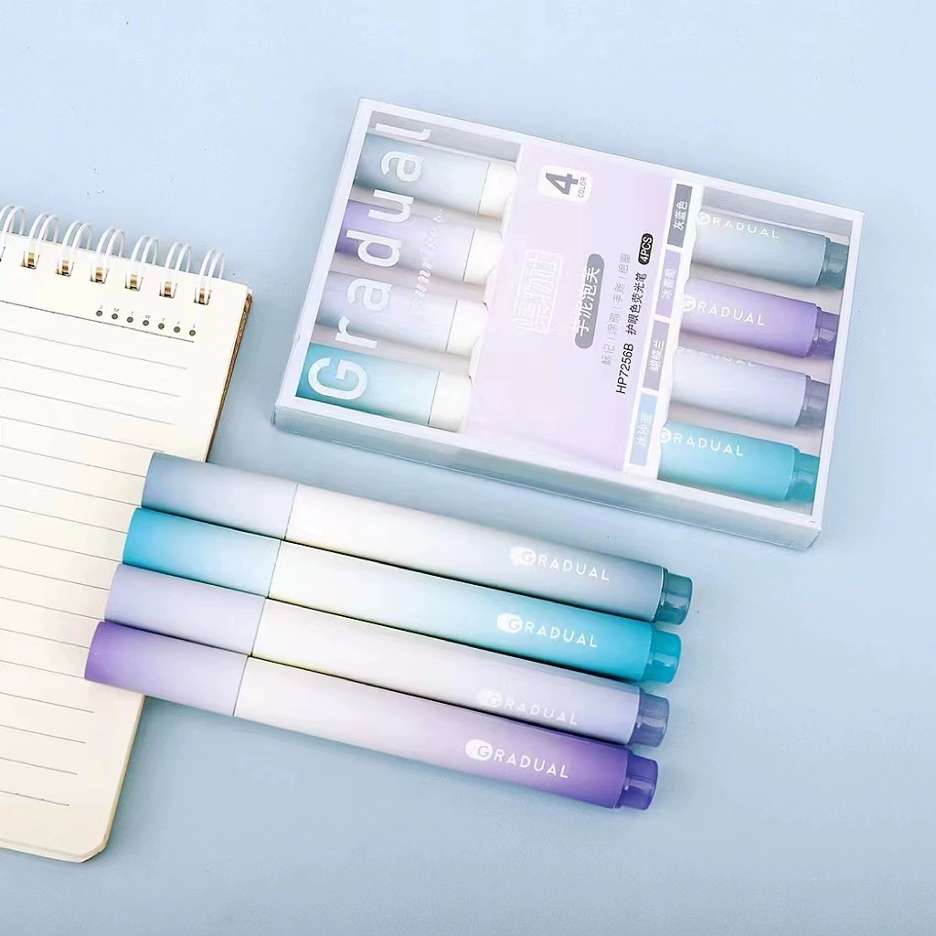 Fluorescent marker set, pastel 4-color, capacious design with eye-protection ink
