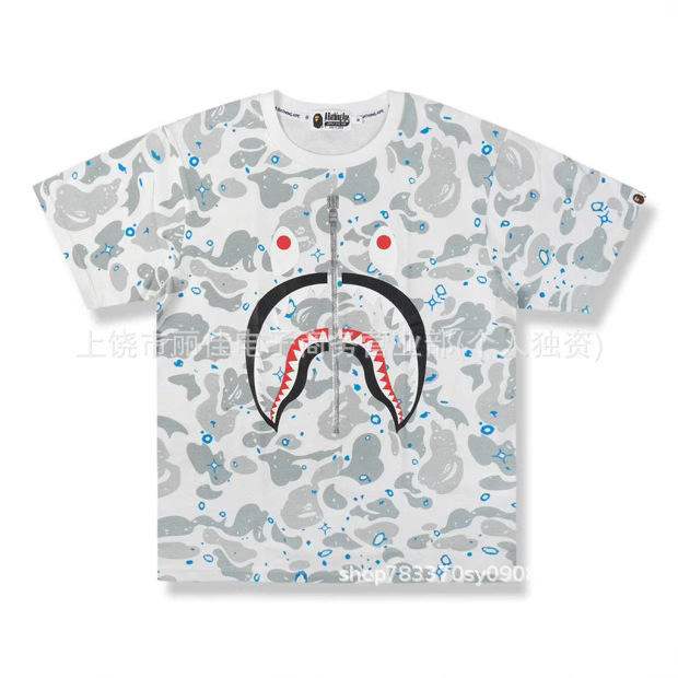 Cross-Border European and American Bape Trendy Brand Shark Head Men's Summer Casual T-Shirt 3D Printed T-Shirt Wholesale Price Round Neck