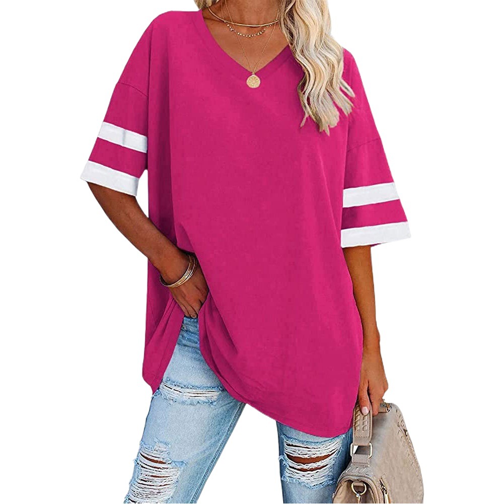 2022 Amazon transfronteriza primavera y verano nueva europea y americana suelta media manga con cuello en V contraste color más tamaño camiseta top de mujer