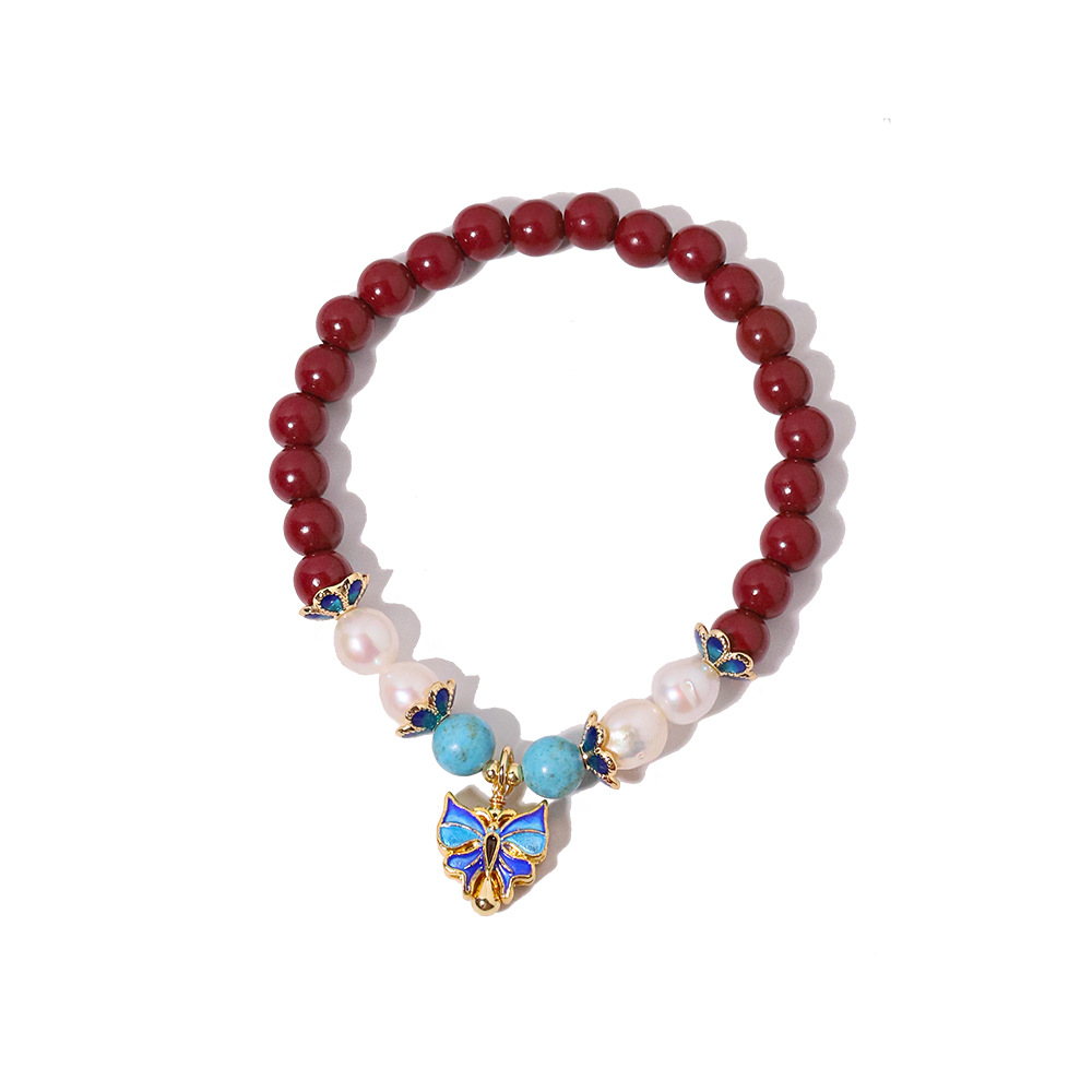 Nicho retrógrado camuflado pulsera de perlas de agua fresca piedra turquesa collar de mariposa azul cuentas para la pareja joyas de mano