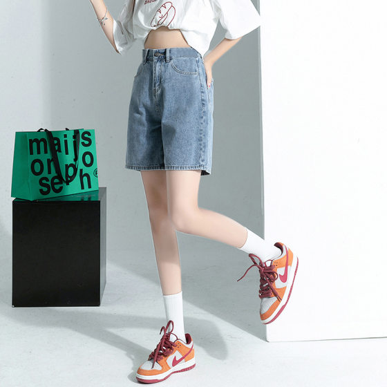 Summer Wear Thin Ins Five-point Denim Shorts Women's High-waist Slimming Outer Wear Straight-leg Wide-leg Loose Five-point Riding Pants
