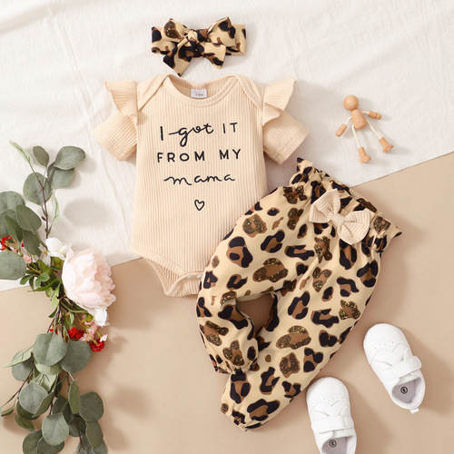 Amazon eBay Girls' Summer Cute Fashion Knit Three-Piece Set Short Sleeve Tunic Top Leopard Print Set