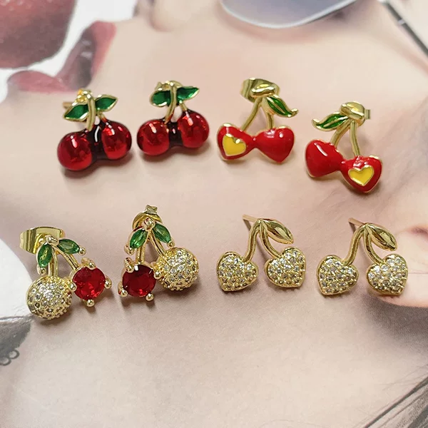 Japanese-Style Cute Sweet Cherry Stud Earrings Niche Fashion Versatile Zircon Earrings Personality Popular Copper Needle Earrings Versatile
