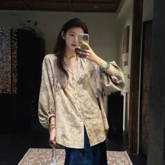 秋季新中式国风灯笼袖刺绣晕染印花衬衫女气质高定小众上衣 N9035