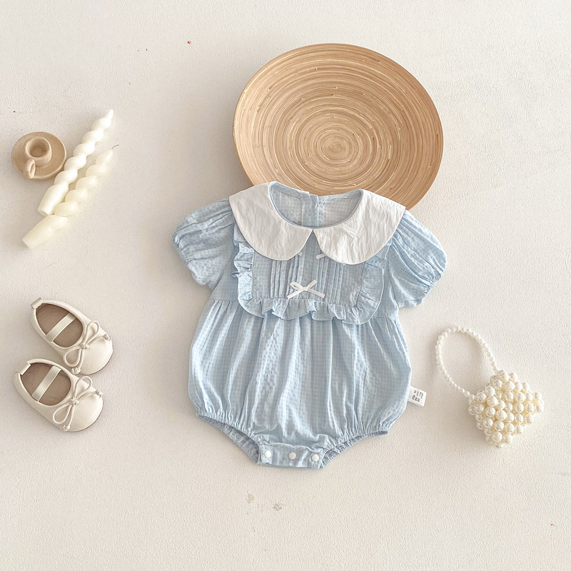 Korean-Style Baby Summer Romper for Girls, Cute and Sweet, with Doll Collar and Puff Sleeves, Suitable for Full Month and One-Year-Old Babies