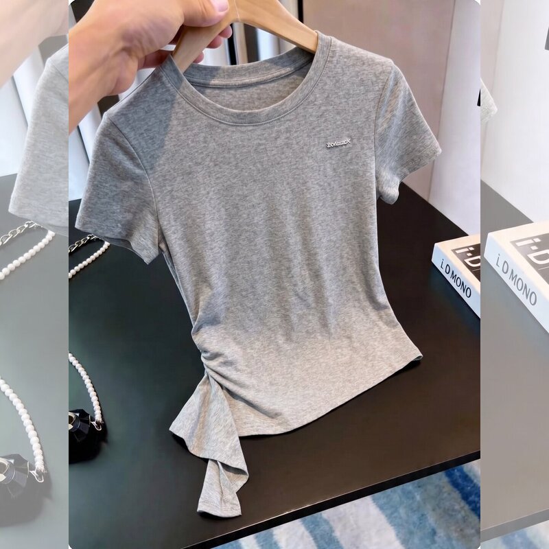 Gray Slim-Fit Round-Neck Short-Sleeve T-Shirt for Women, 2026 Summer French Style, Stylish and Bright Outfit for Art Students Gray Slim-Fit Round-Neck Short-Sleeve T-Shirt for Women, 2026 Summer French Style, Stylish and Bright Outfit for Art Students