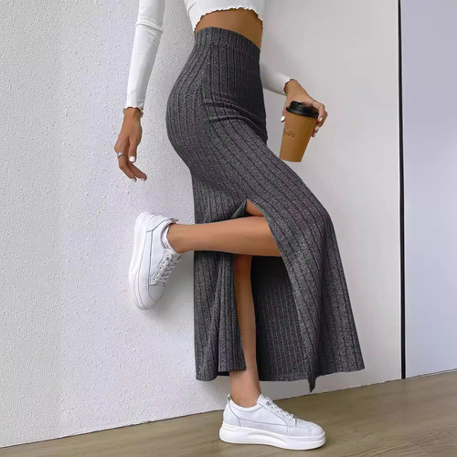 Elegant American Style High-Waisted Side Slit Bodycon Knit Skirt for Women - Fashion Long Dress