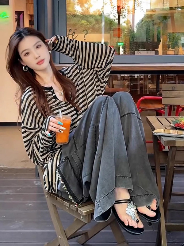 美式撞色条纹纽扣半开领T恤女夏季薄款长袖罩衫休闲显瘦慵懒上衣|undefined