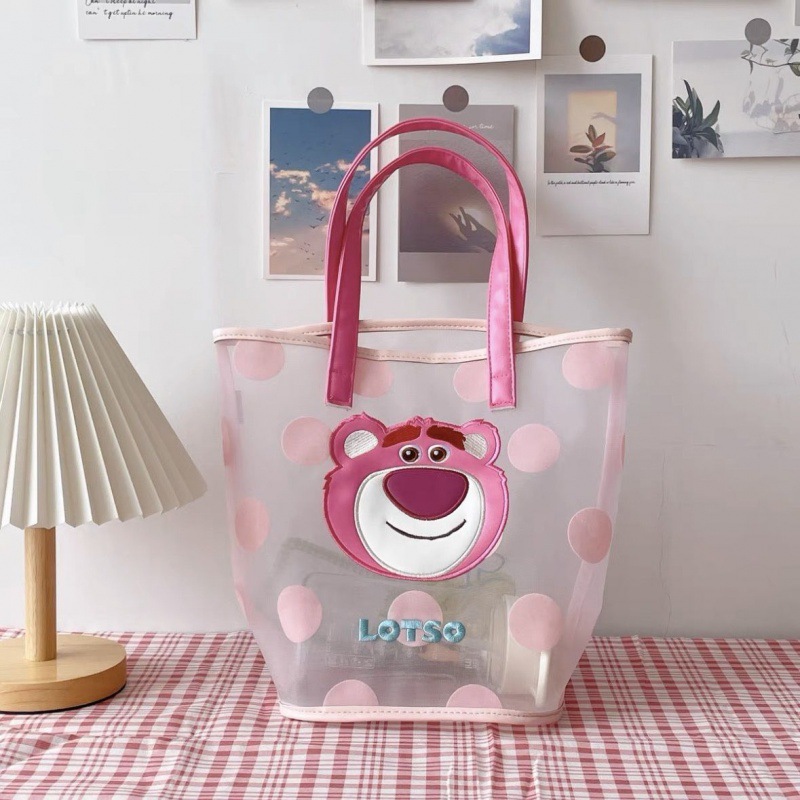 日系卡通草莓熊手提包网纱刺绣单肩手提女包购物袋洗漱游泳收纳包