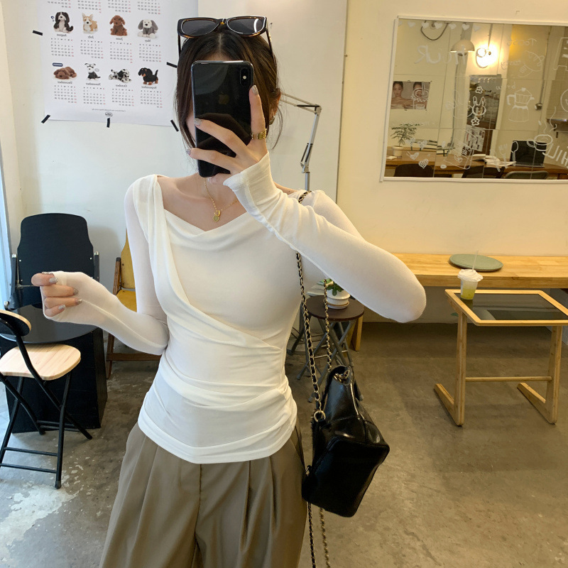 莫代尔羊毛不规则斜肩长袖T恤女秋季2025新款设计感绝美小上衣|undefined