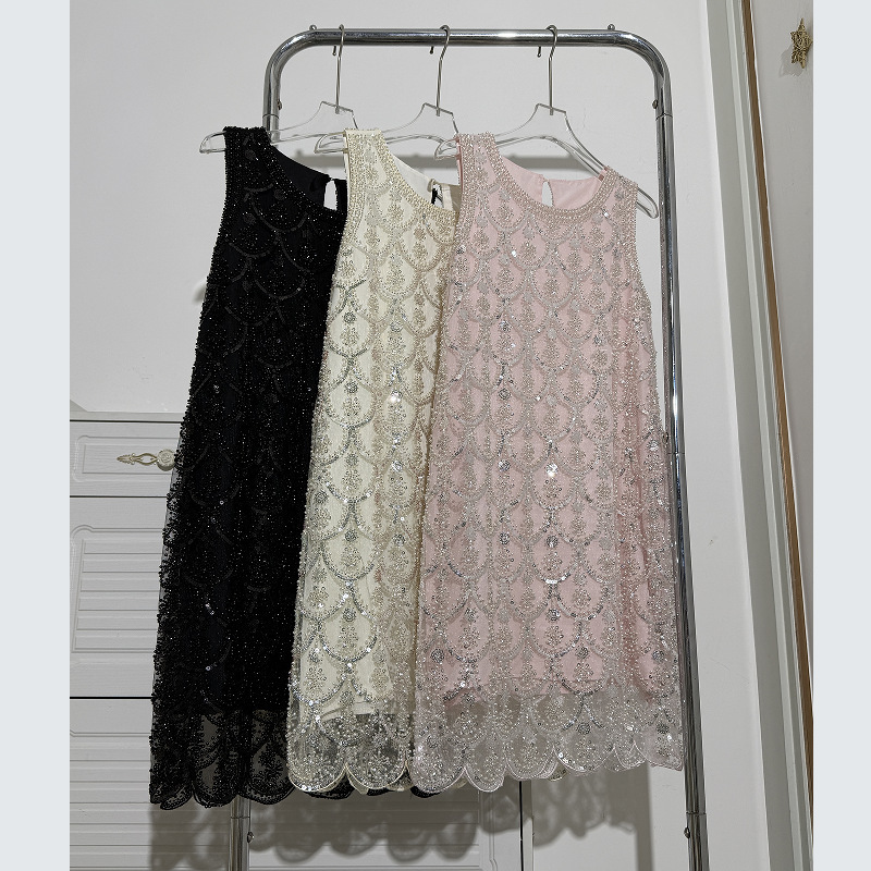 Fashionable Yani Pearl-Embellished Dress for Women, Sequined Round Neck Sleeveless Tank Dress, Versatile Light Luxury Mid-Length Dress Fashionable Yani Pearl-Embellished Dress for Women, Sequined Round Neck Sleeveless Tank Dress, Versatile Light Luxury Mid-Length Dress