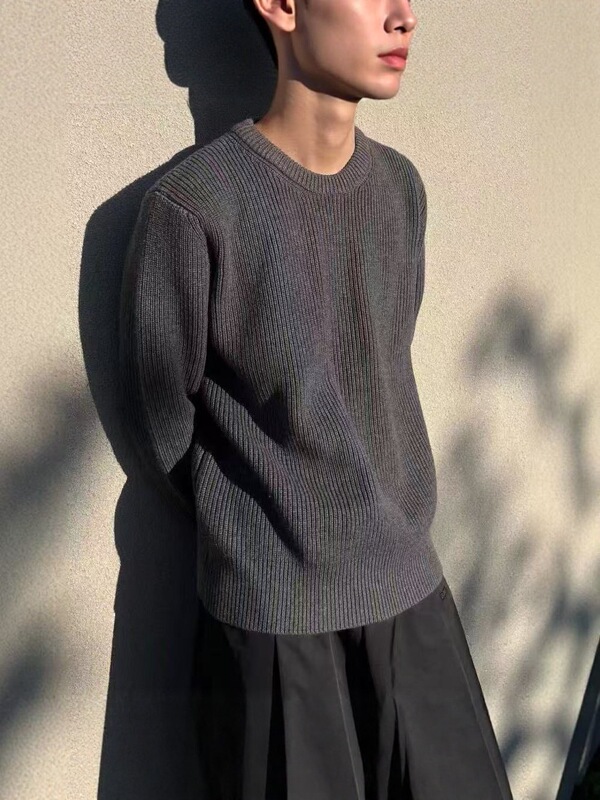 马家四角秋冬男士宽松圆领针织衫纯色保暖休闲英伦毛衣外贸衣服|undefined