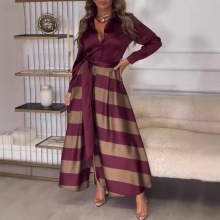 新款欧美跨境外贸亚马逊秋季女装长款优雅系带印花拼接连衣裙长裙