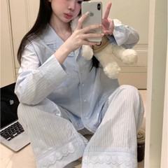 韩国ins女士春秋新品韩版简约韩系休闲舒适家居服睡衣套装外贸女