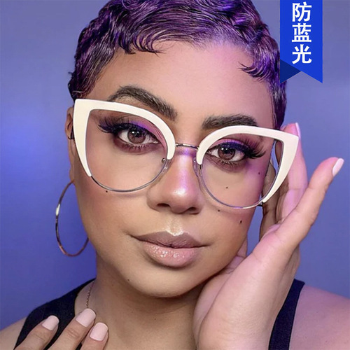 Cross-border European and American cat eye glasses frame  new style women's trendy anti-blue light glasses frame personalized flat mirror fashion street photography