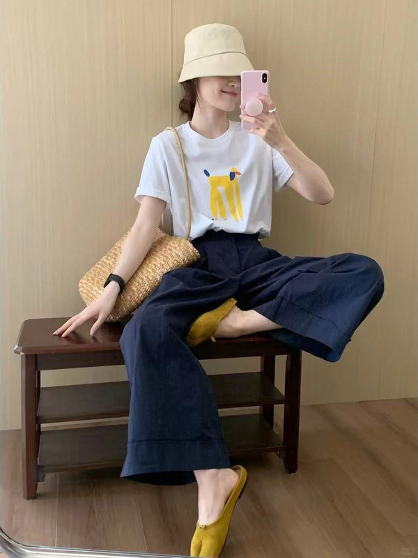 2025夏季新款韩系穿搭慵懒风短袖T恤上衣搭配阔腿裙裤两件套女潮|undefined