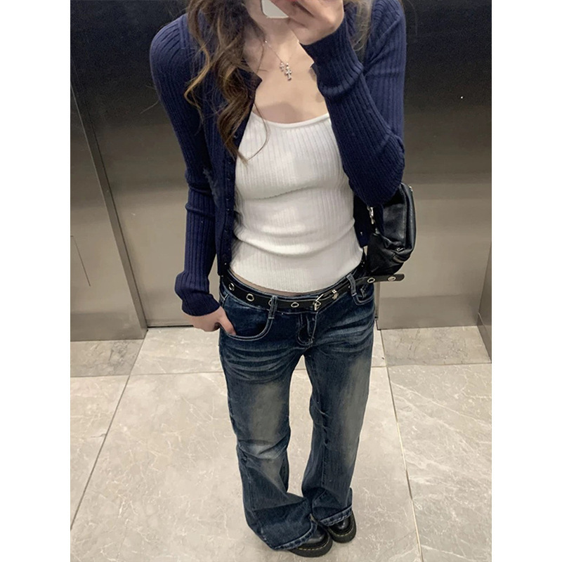 Korean-Style Navy Blue Long-Sleeved Knitted Cardigan for Women, 2025 Autumn New Design, Stylish, Slim-Fitting, Unique Top