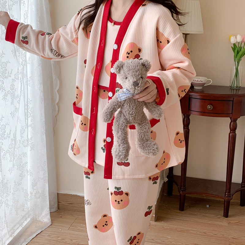 Pregnant women's pajamas autumn and winter air cotton three-piece thickened cotton confinement clothes spring and autumn postpartum confinement nursing nursing Pregnant women's pajamas autumn and winter air cotton three-piece thickened cotton confinement clothes spring and autumn postpartum confinement nursing nursing