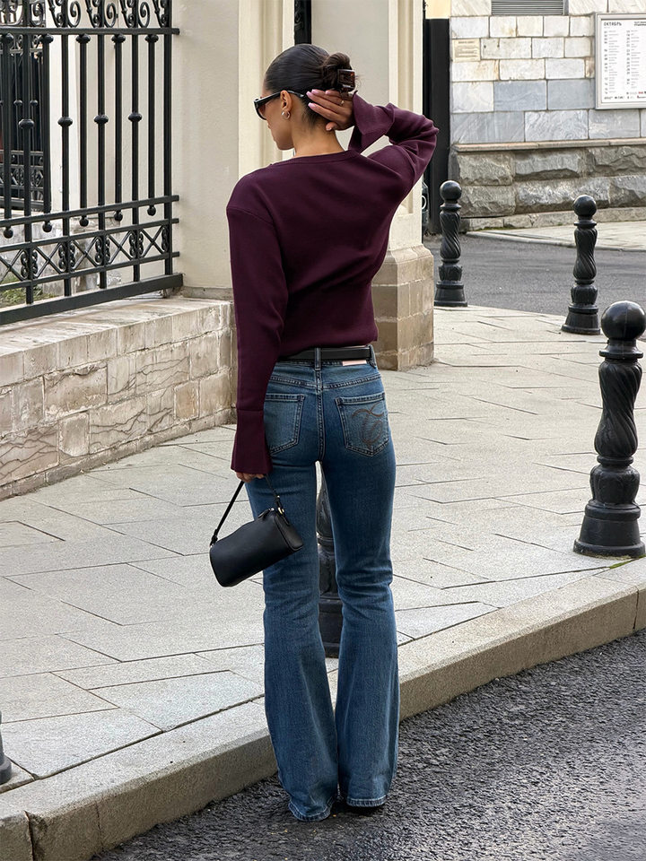 Áo len cardigan nữ cổ tròn dáng ôm thắt eo tay dài cổ tay xẻ, dài áo 50–65 cm — Vàng nhạt, Xanh da trờicolor, màu nâu, màu tím chi tiết 5