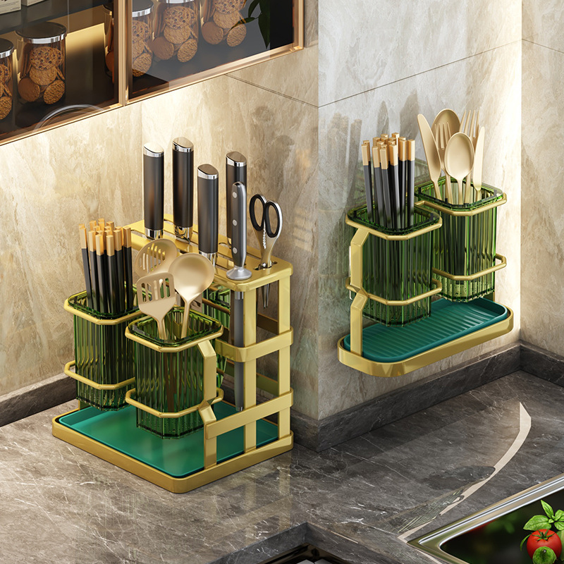 Luxury Kitchen Storage Rack Multi-functional Knife and Forks Integrated Storage Rack Wall-mounted Chopstick Cage Bucket Tabletop Chopstick Rack 