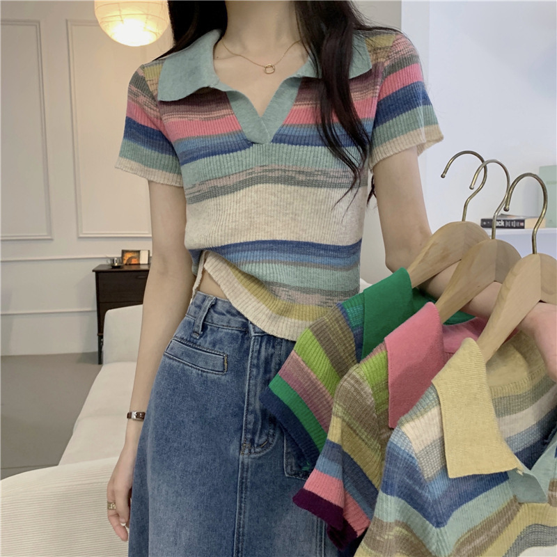 1827 [tremolo quality] 6 wool# polo collar striped T-shirt women's summer 2025 new slim short short sleeve